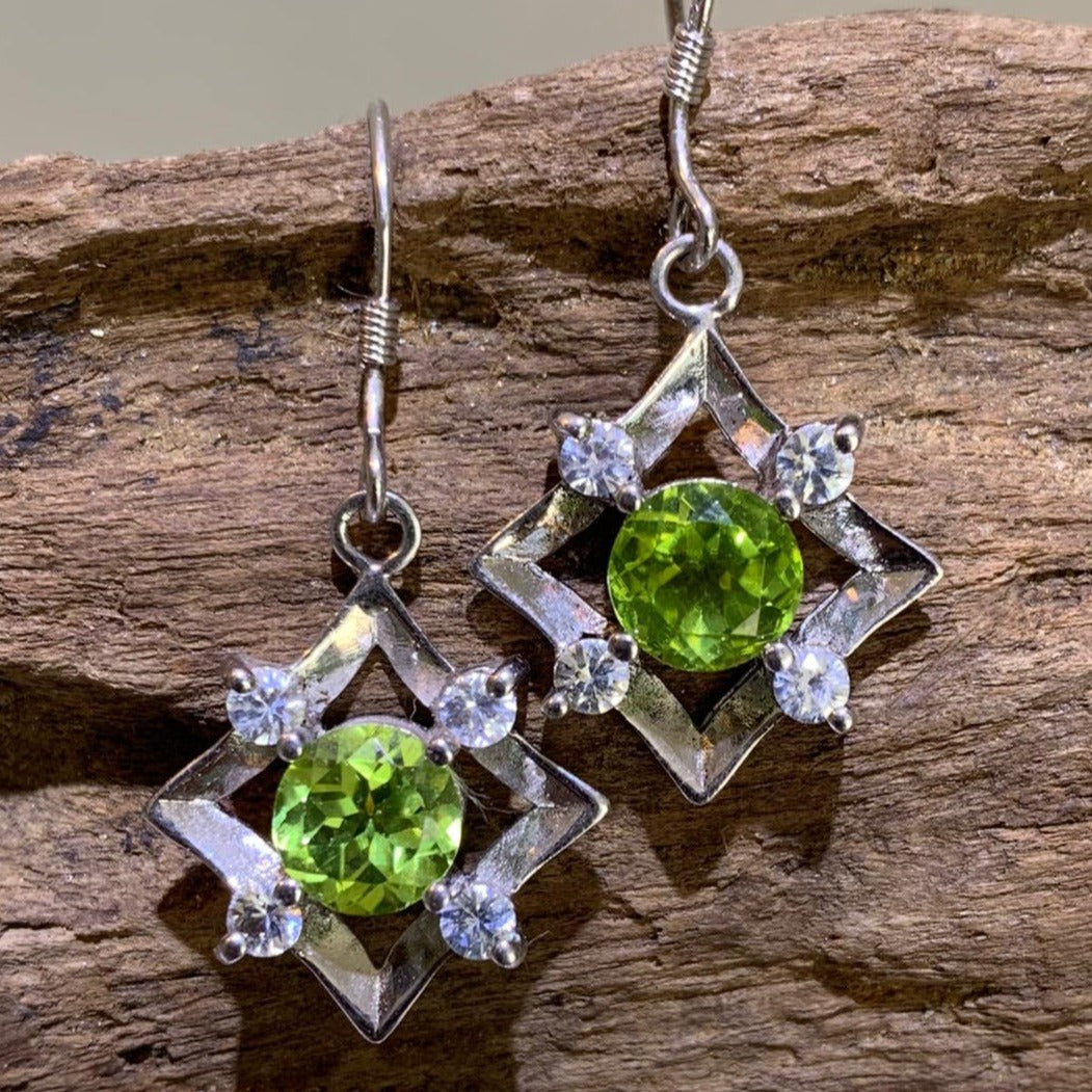 Natural Peridot and Natural White Sapphire Earrings