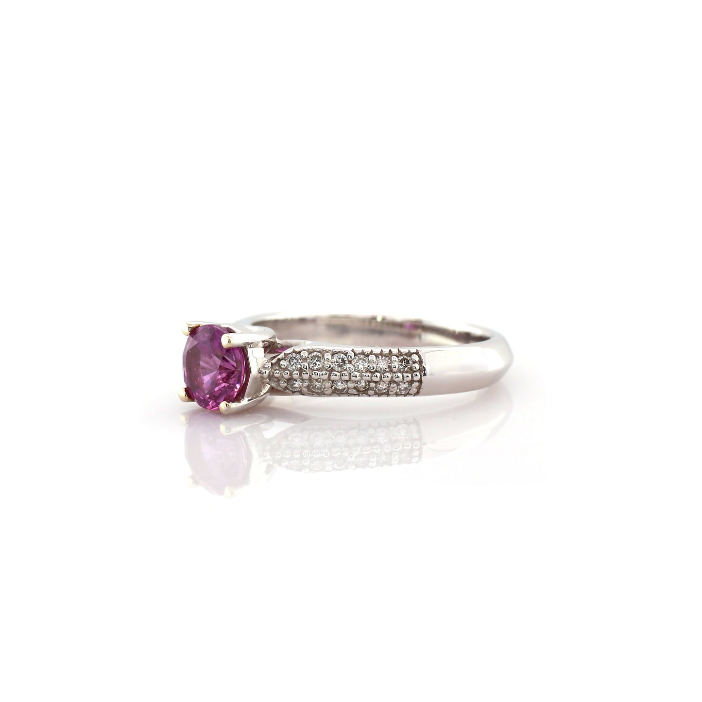 Vintage Style Hot Pink Sapphire and Diamond Engagement Ring in 18K White Gold