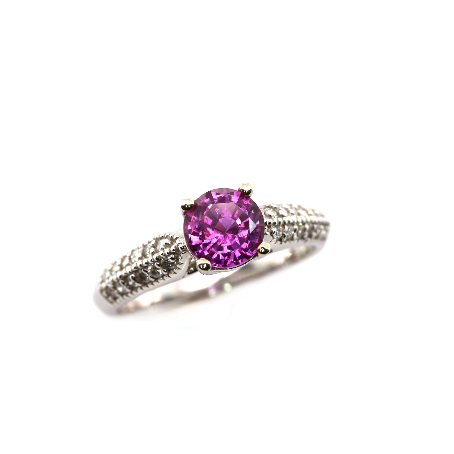 Vintage Style Hot Pink Sapphire and Diamond Engagement Ring in 18K White Gold