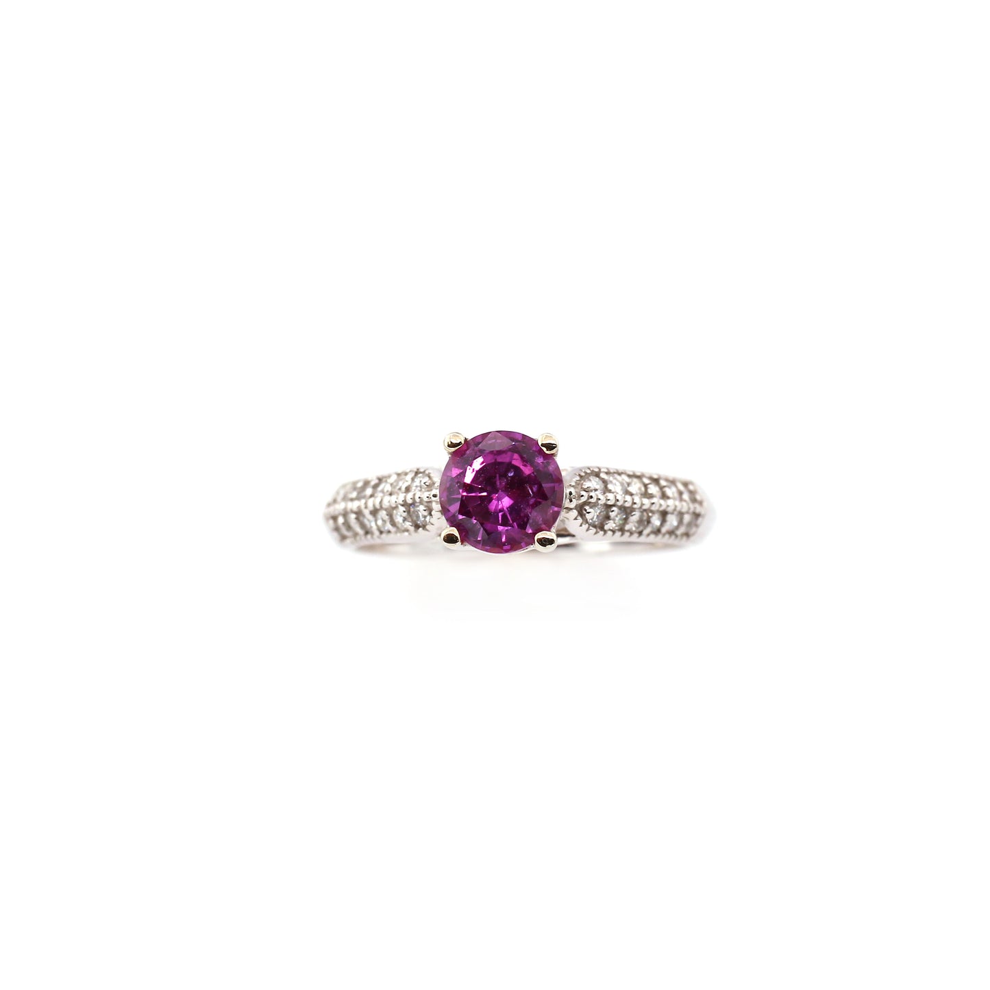 Vintage Style Hot Pink Sapphire and Diamond Engagement Ring in 18K White Gold