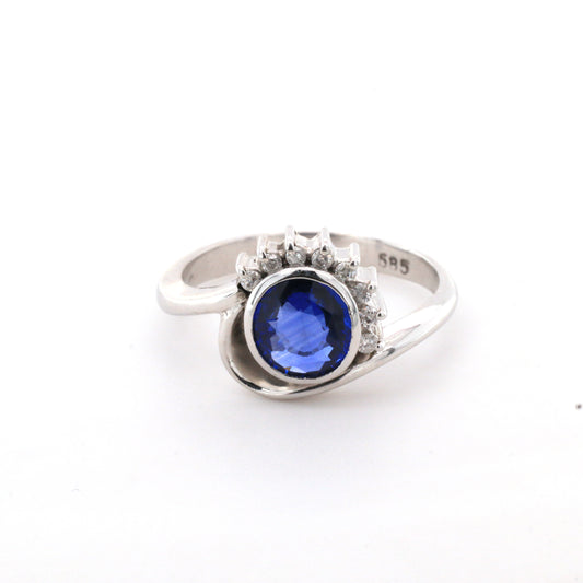 Blue Sapphire & Diamond Cluster  Ring - 14K White Gold 3.86gm