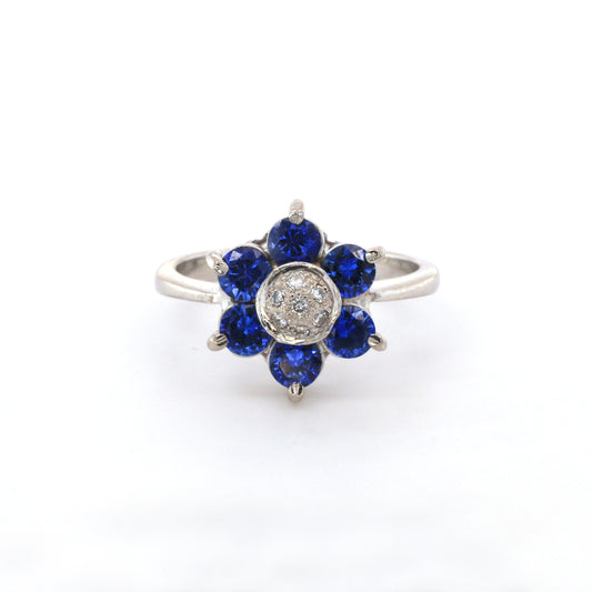 Blue Sapphire & Diamond Cluster  Ring - 18K White Gold 3.42gm