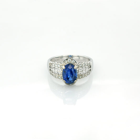 Blue Sapphire & Diamond Ring - 18K White Gold  3.57g