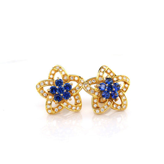Blue Sapphire & Diamond Earring - 18k Yellow Gold 8.98 gm