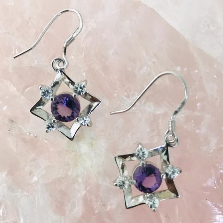 Natural Amethyst and Natural White Sapphire Earrings