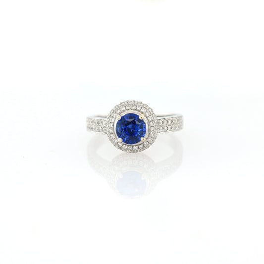 Blue Sapphire & Diamond Ring - 18K White Gold  4.70g