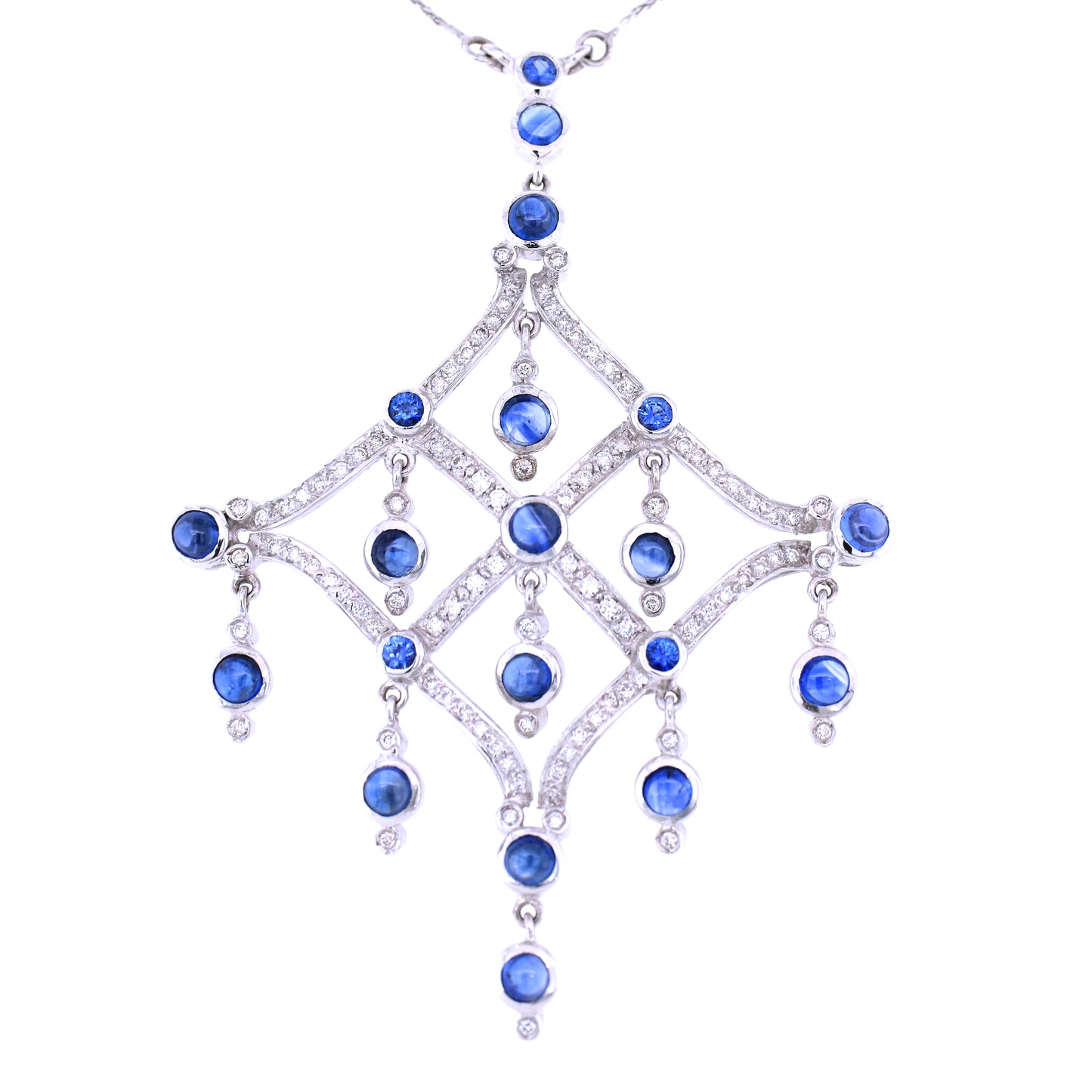 Blue Sapphire & Diamond Pendant - 18K White Gold 14.70g