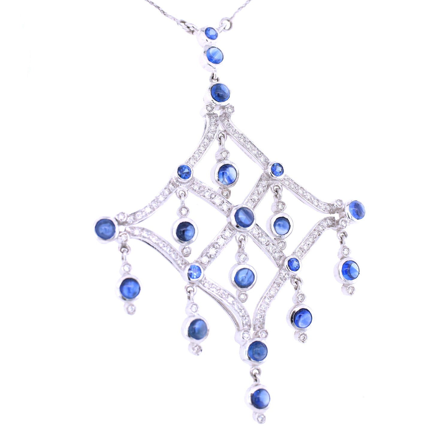 Blue Sapphire & Diamond Pendant - 18K White Gold 14.70g