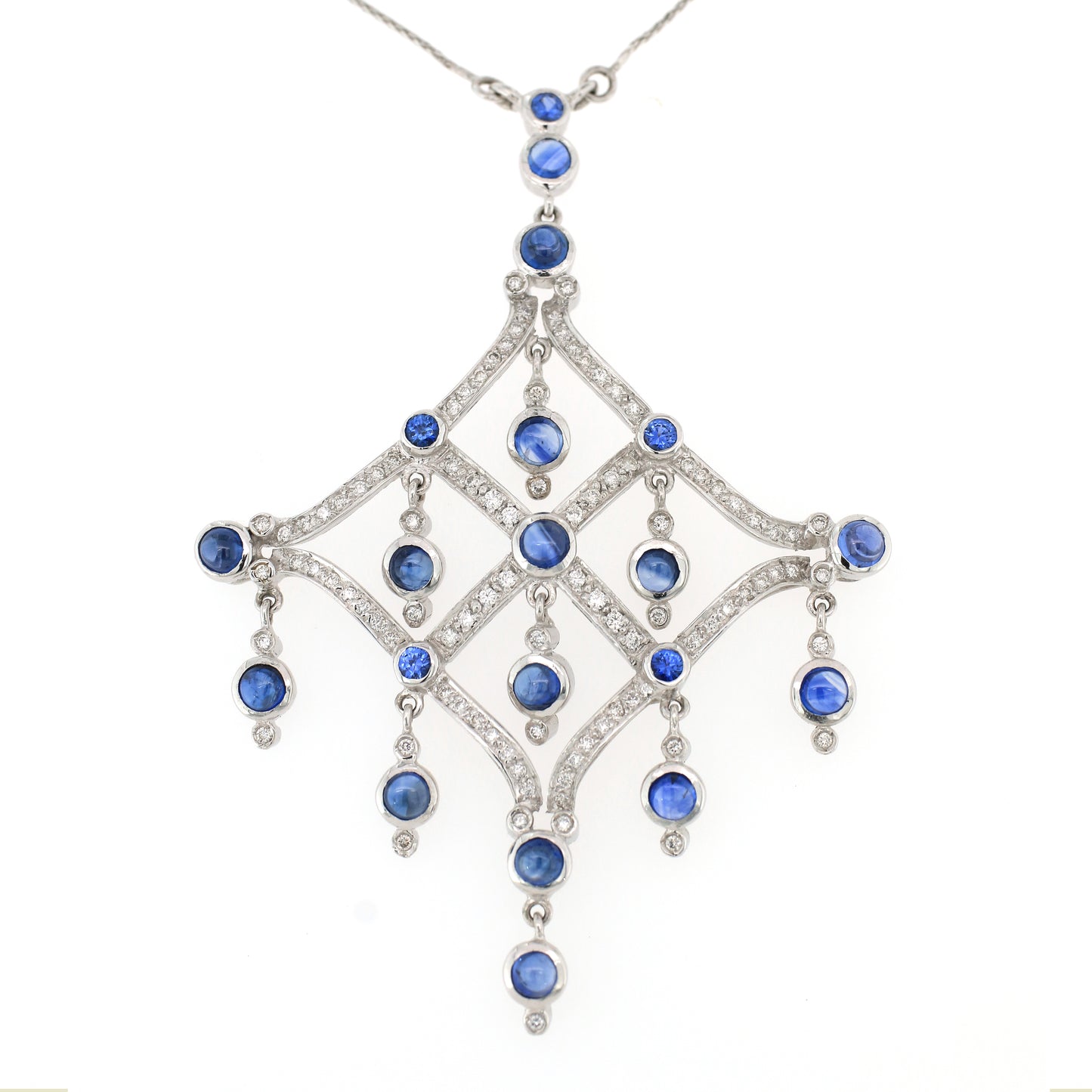 Blue Sapphire & Diamond Pendant - 18K White Gold 14.70g