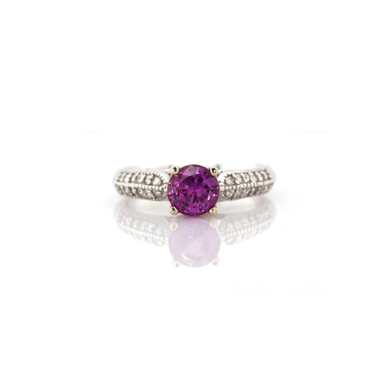 Vintage Style Hot Pink Sapphire and Diamond Engagement Ring in 18K White Gold