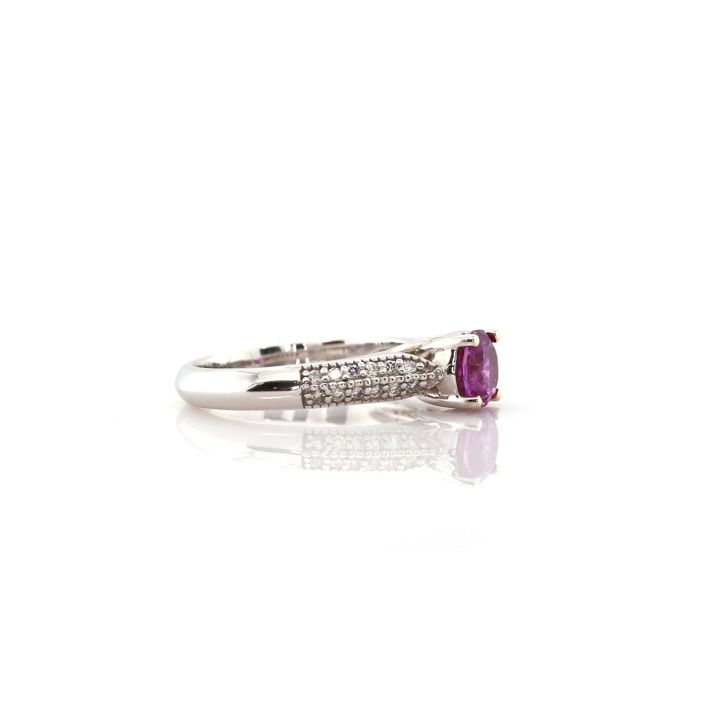 Vintage Style Hot Pink Sapphire and Diamond Engagement Ring in 18K White Gold