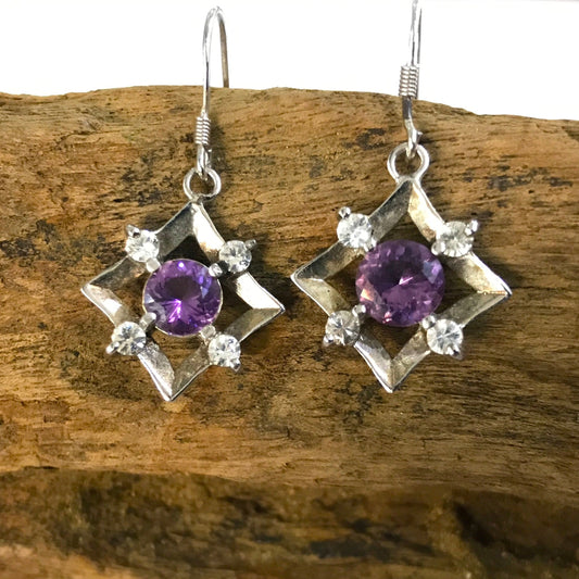 Natural Amethyst and Natural White Sapphire Earrings