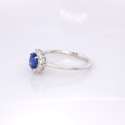 Blue sapphire and diamond cluster ring in 18K white gold