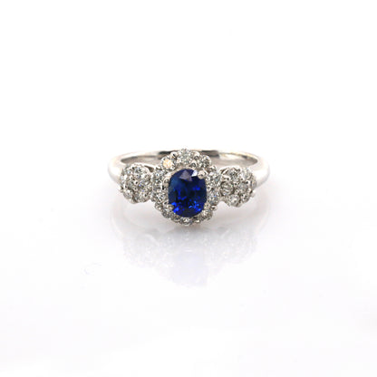 Blue sapphire and diamond cocktail stud ring in 18K white gold