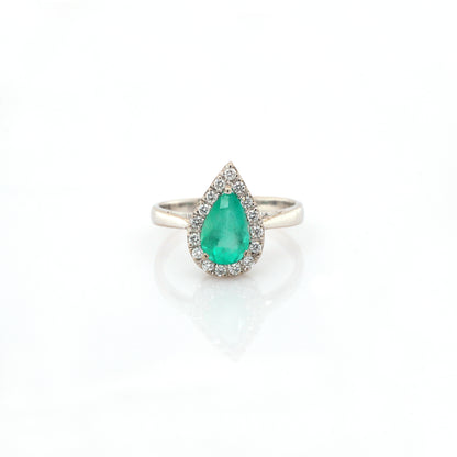 diamond and emerald ring in 18K white gold