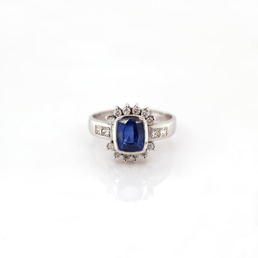 Blue Sapphire & Diamond Ring - 14K White Gold  3.90gm
