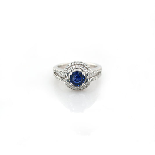 Blue Sapphire & Diamond Ring - 18K White Gold 6.88gm