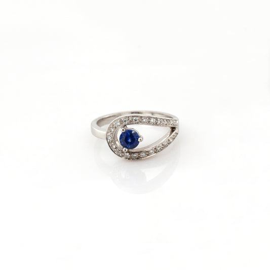 Blue Sapphire & Diamond Ring - 18K White Gold  4.23gm