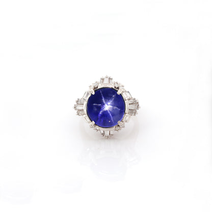 Blue star sapphire and diamond ring in 950 platinum
