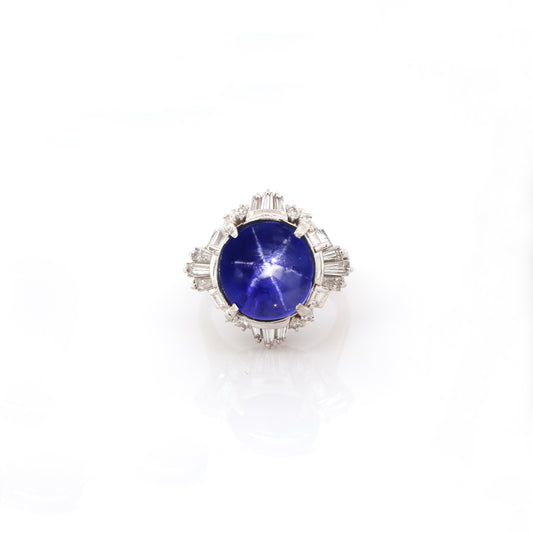 Blue  Star Sapphire & Diamond Ring -950 Platinum 12.41gm