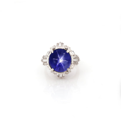 Blue star sapphire and diamond ring in 950 platinum