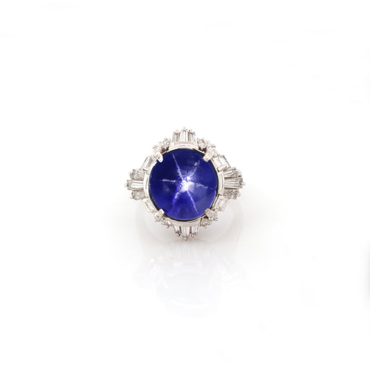 Blue star sapphire and diamond ring in 950 platinum