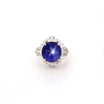 Blue star sapphire and diamond ring in 950 platinum
