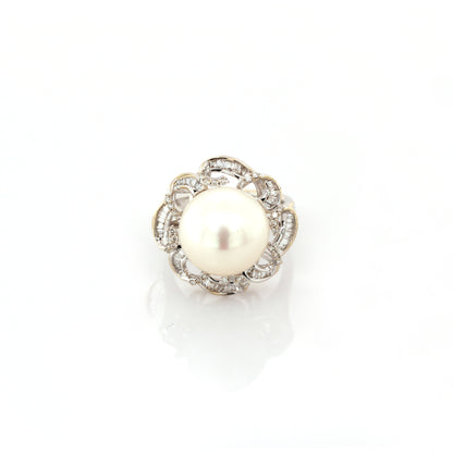 diamond and pearl floral ring in 18K white gold