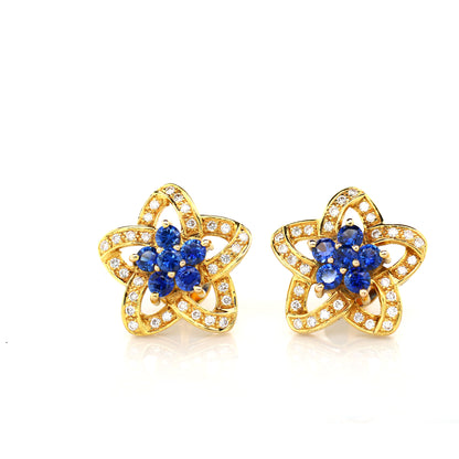 Blue sapphire and diamond earrings in 18K yellow gold