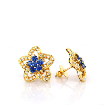 Blue sapphire and diamond earrings in 18K yellow gold