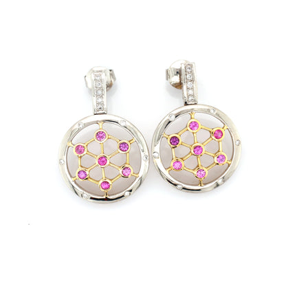 Pink sapphire and diamond earrings in white and yellow gold