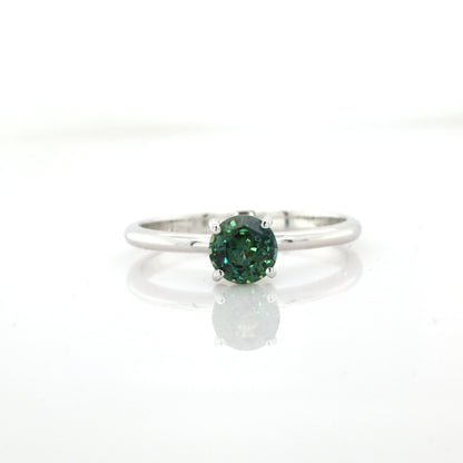 Teal sapphire and diamond ring in 18K white gold