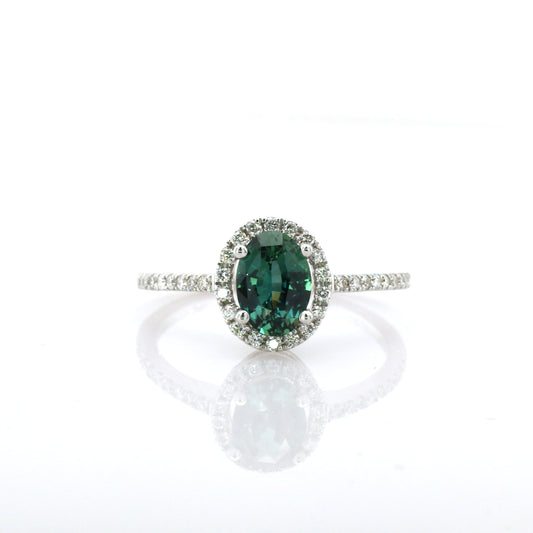 Natural Teal Sapphire & Diamond Ring 18k White Gold 1.77 gm