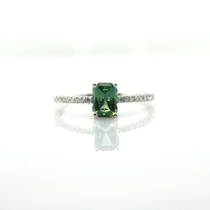 Teal sapphire and diamond ring in 18K white gold