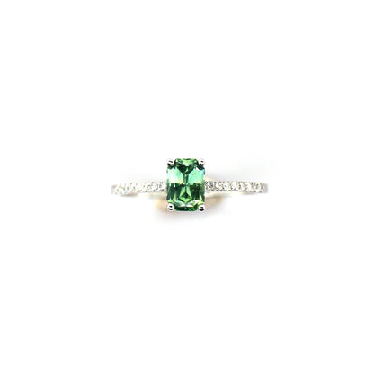 Teal sapphire and diamond ring in 18K white gold