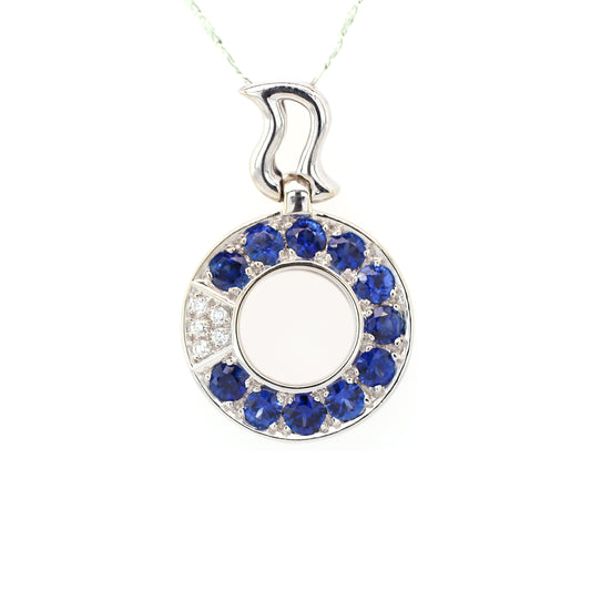 Round Blue Sapphires &  Brilliant Diamonds Pendant in a cool pattern Mounted in 18k White Gold.