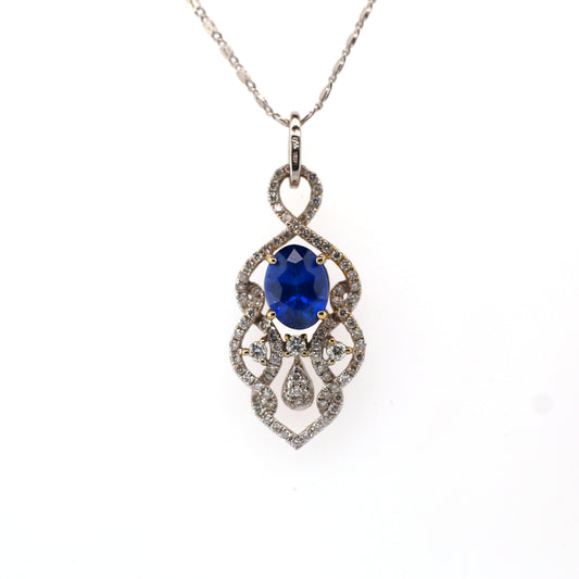 Vivid Blue Sapphire 18K White Gold Pendant  has been Elegantly set with Natural Halo Diamonds