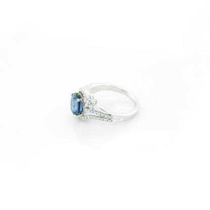 Blue sapphire and diamond cocktail stud ring in 18K white gold