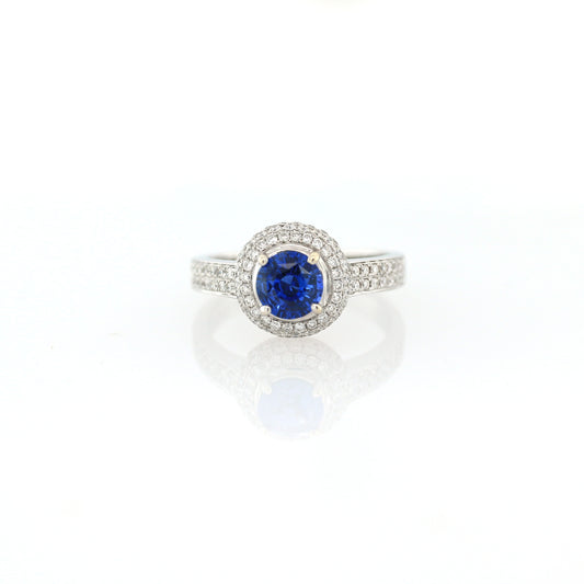 Blue Sapphire & Diamond Ring - 18K White Gold  4.70gm