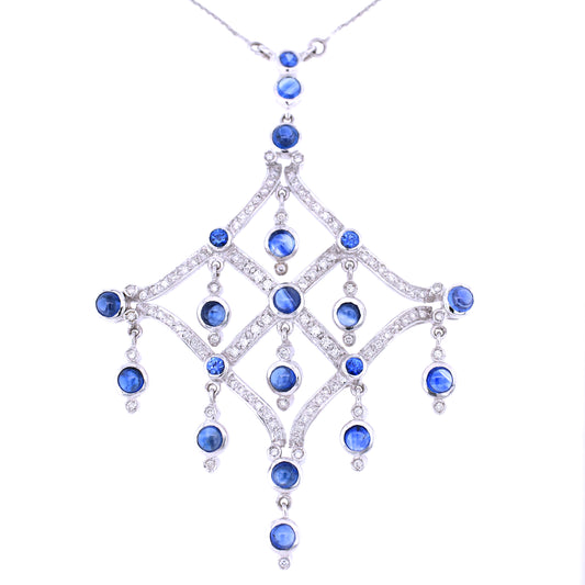 Blue Sapphire & Diamond Pendant - 18K White Gold  14.70g