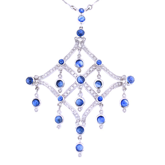 Blue Sapphire & Diamond Pendant - 18K White Gold  14.70g